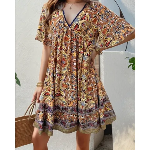 Damen V-Ausschnitt Paisley Print Kleid Sommer Lässig Kurzarm Boho Midi Kleid Urlaub Strand A-Linie Rüschenkleid