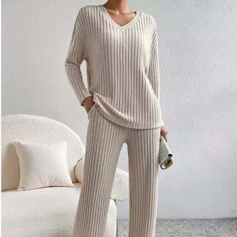 Completo Loungewear a Costine da Donna Scollo a V Manica Lunga Top E Pantaloni Dritti Casual Top E Bottom Outfits Casa