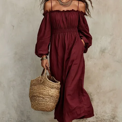 Women's Off-Shoulder Long Sleeve Suspender Pleated Maxi Dress Solid Color Loose Fit Casual Bohemian Resort Style Woven Polyester Dress