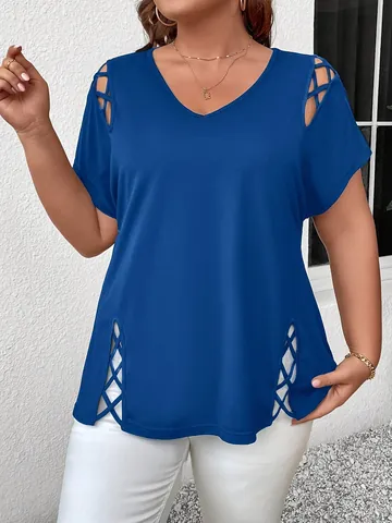 T-Shirt Grande Taille pour Femmes Col en V Manches Courtes Haut Croisé Ajouré Couleur Unie Décontracté en Poliestere pour l'Été