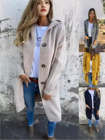 Cardigan in Maglia da Donna Media Lunghezza con Cappuccio Tinta Unita Monopetto con Grandi Tasche Misto Lana Acrilica