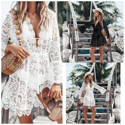 Women Sexy V Neck Lace Bikini Cover Up Flare Sleeve Hollow Out Beach Dress Summer Sheer Swimwear Vacation Dress