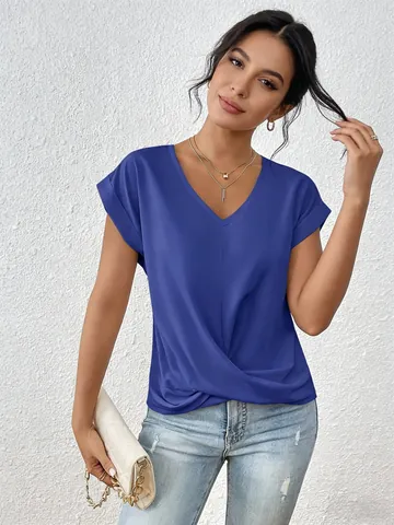 Women Elegant V-Neck Polyester T-Shirt Solid Color Short Sleeve Top With Twist Hem Detail For Summer Casual Daily Wear
