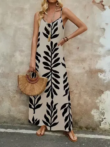 Vestido Maxi Bohemio de Tirantes Finos para Mujer Cuello en V Estampado de Hojas Poliéster Vestido Largo Sin Mangas de Playa