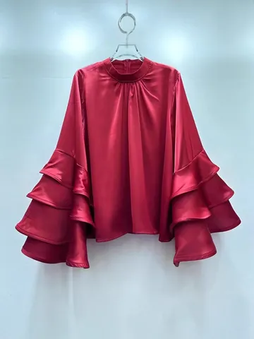 French Style Solid Color Loose Ruffle Flare Sleeve Stand Collar Polyester Women Blouse Elegant Office Casual Satin Look Top Autumn Apparel
