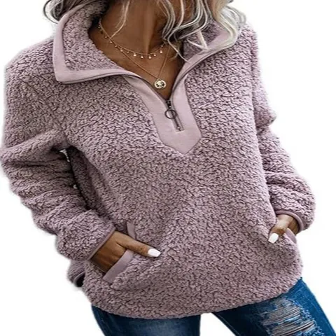 Sweat à Capuche Sherpa Fleece pour Femmes Pull à Zip 1/4 Décontracté Ample Chaud Sweat en Peluche Avec Poches Automne Hiver Top