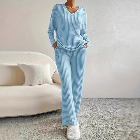 Dames Loungewear Top Met Lange Mouwen En V-Hals En Wijde Broek Van Ribgebreid Materiaal Casual Effen Kleur