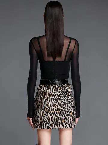 Top da Donna Sexy in Mesh Patchwork a Manica Lunga Vestibilità Aderente T-shirt Trasparente in Poliestere per Feste