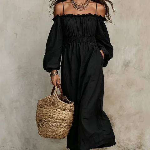 Women's Off-Shoulder Long Sleeve Suspender Pleated Maxi Dress Solid Color Loose Fit Casual Bohemian Resort Style Woven Polyester Dress