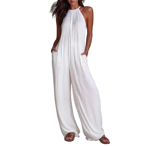 Mameluco Plisado de Pierna Ancha con Cuello Halter Casual de Verano para Mujer Sin Espalda Sin Mangas Color Sólido Pantalón Largo