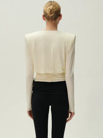 Chemisier Femme Col Bénitier Épaulettes Froncé Coupe Slim Manches Longues Minimaliste Mélange Coton Polyester