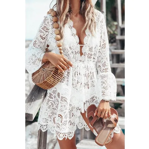 Women Sexy V Neck Lace Bikini Cover Up Flare Sleeve Hollow Out Beach Dress Summer Sheer Swimwear Vacation Dress