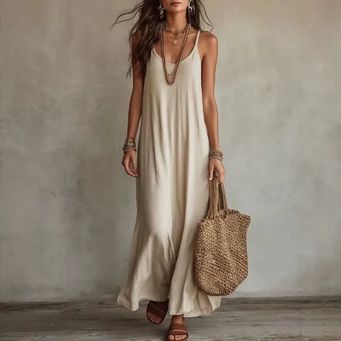 Vestido Maxi Bohemio para Mujer Color Sólido Suelto de Tirantes Sin Mangas Vestido de Playa Estilo Relajado