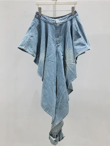 Women Vintage Irregular High Waist Denim Skirt Pants Sexy Streetwear Washed Polyester Spandex Distressed Jeans Shorts