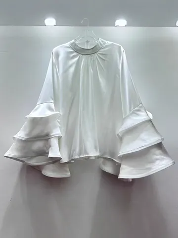 French Style Solid Color Loose Ruffle Flare Sleeve Stand Collar Polyester Women Blouse Elegant Office Casual Satin Look Top Autumn Apparel