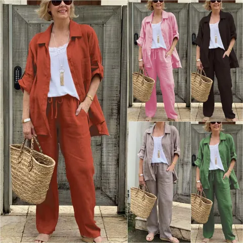 Conjunto de Pantalones de Dos Piezas de Algodón y Lino Casual para Mujer Camisa con Botones y Pantalones de Pierna Ancha con Cordón