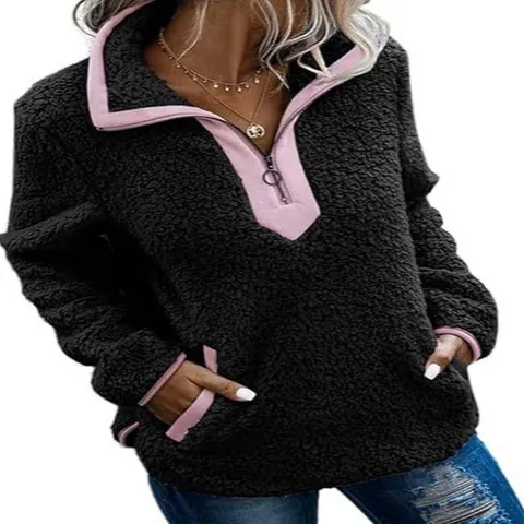 Sweat à Capuche Sherpa Fleece pour Femmes Pull à Zip 1/4 Décontracté Ample Chaud Sweat en Peluche Avec Poches Automne Hiver Top