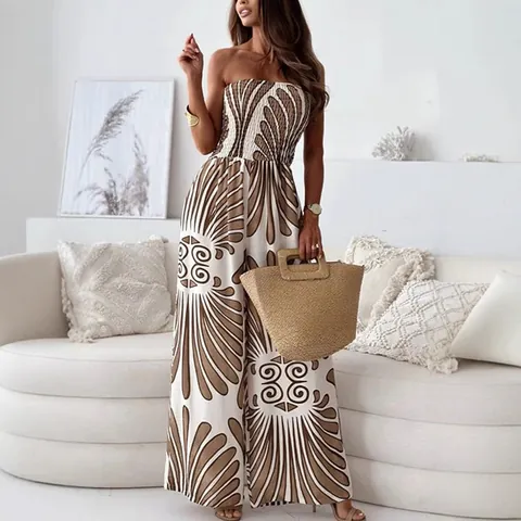 Damen Trägerloser Rückenfreier Gesmokter Jumpsuit Mit Weitem Bein Bedruckter Polyester Boho Sommer Strand Urlaub Overall
