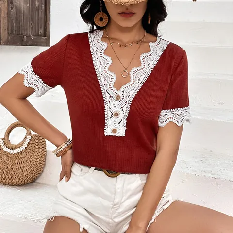 Women Waffle Knit V Neck Top Lace Patchwork Short Sleeve Blouse Button Front Casual Summer Shirt For Ladies