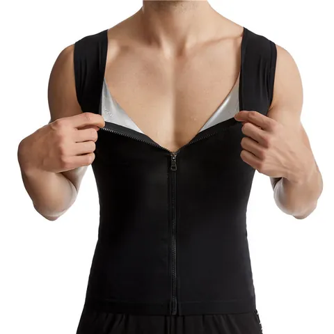 Gilet de Sauna pour Hommes Revêtement Polymère Argenté Body Shaper Débardeur de Sport Sans Manches Avec Fermeture Éclair