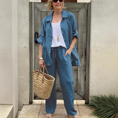 Conjunto de Pantalones de Dos Piezas de Algodón y Lino Casual para Mujer Camisa con Botones y Pantalones de Pierna Ancha con Cordón