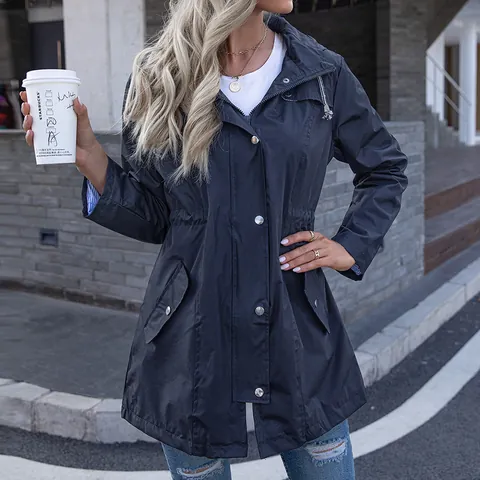 Giacca Impermeabile da Donna Con Cappuccio Antivento Lunghezza Media Coulisse in Vita Poliestere Outdoor Casual Trench