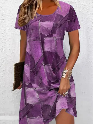 Women Plus Size Summer Denim Print Patchwork Short Sleeve Midi Dress Casual Loose T-Shirt Dress Fashion Streetwear Dress