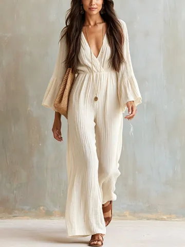 Bohemian Women V Neck Jumpsuit Long Sleeve Flare Sleeve Wide Leg Loose Fit Polyester Casual Rompers One Piece Long Pants