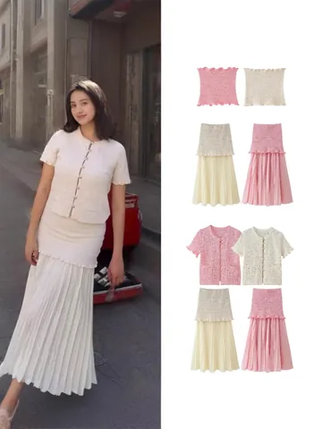 Women's 2025 Summer New Fashion Elegant Knit Tube Top And Pleated Maxi Skirt Set Slim Fit Elastic Casual Outfit