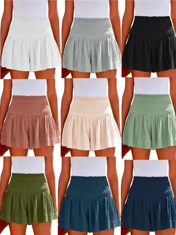 Women High Waisted Smocked Skort Linen Ruffle Hem Solid Color Casual Summer Beach Shorts Skirt Bottoms