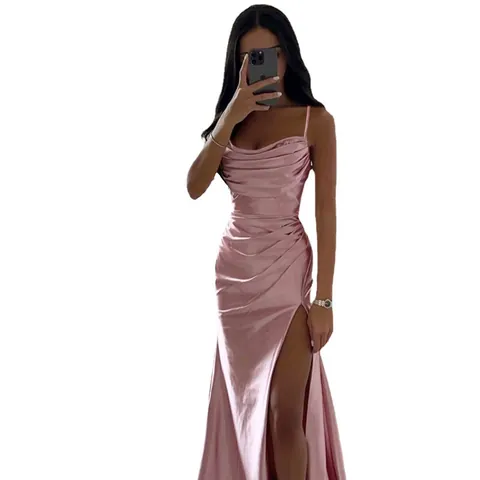 Women Sexy Satin Cowl Neck Ruched Maxi Dress High Split Slim Fit Evening Gown Sleeveless Slip Dress For Party Wedding Prom