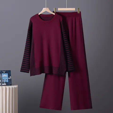 Women Elegant Striped Knit Top And Bottom Long Sleeve Round Neck Sweater Wide Leg Pants Casual Fashion Office Lounge Wear