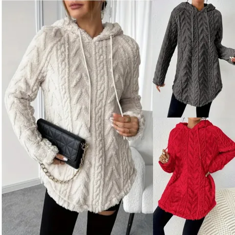 Women's Solid Color Jacquard Plush Hoodie Sweatshirt Mid-length Drawstring Warm Outerwear Long Sleeve Casual Coat Polyester