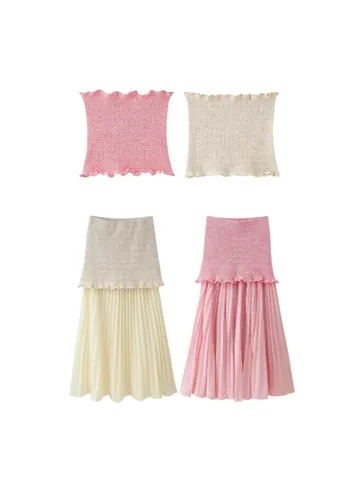Women's 2025 Summer New Fashion Elegant Knit Tube Top And Pleated Maxi Skirt Set Slim Fit Elastic Casual Outfit
