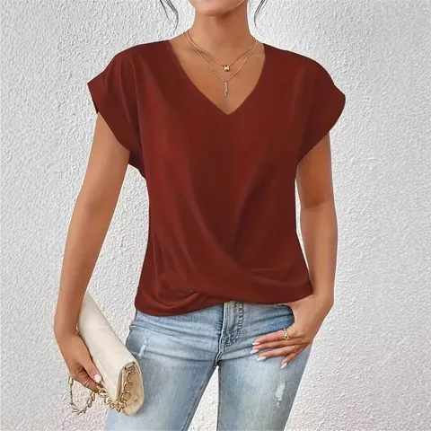 Women V Neck Short Sleeve T-Shirt Elegant Ruched Twist Knot Hem Solid Color Polyester Casual Summer Pullover Top For Women