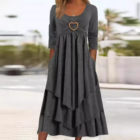 Vestito Midi Casual a Maniche Lunghe con Orlo a Balze Donna Tinta Unita Decorazione a Cuore Stile Retro Occidentale