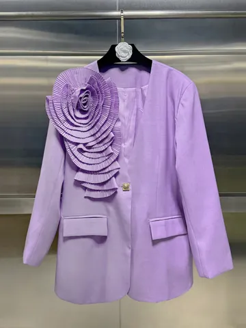 Damen 3D Blume Slim Fit Blazer Koreanischer Stil Anzugjacke Patchwork Blumen Schulterdekoration Einreihiger Ein-Knopf-Außenbekleidung
