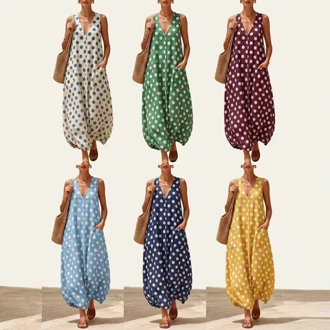 Women Retro Polka Dot V-Neck Sleeveless Dress Summer Loose Bubble Hem Midi Dress With Dual Pockets Casual Holiday Beachwear