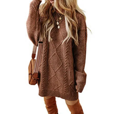 Women Slouchy Casual Polyester Cable Knit Sweater Dress Solid Color Mid Length Round Neck Long Sleeve Knitted Pullover Dress