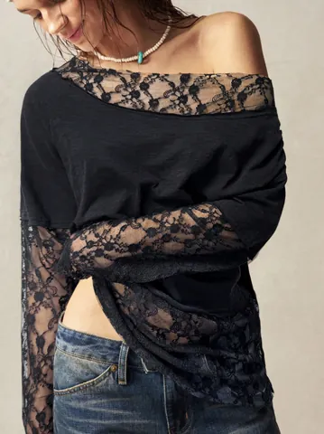 Dames Bohemian Off-shoulder T-shirt met Lange Mouwen Elegant Kant Patchwork Polyester Casual Top voor Dames Alle Seizoenen