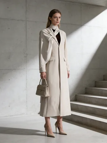Trench Lungo da Donna Design Coreano Collo a Sciarpa Asimmetrico Temperamento Commuter Tinta Unita Giacca a Vento in Poliestere