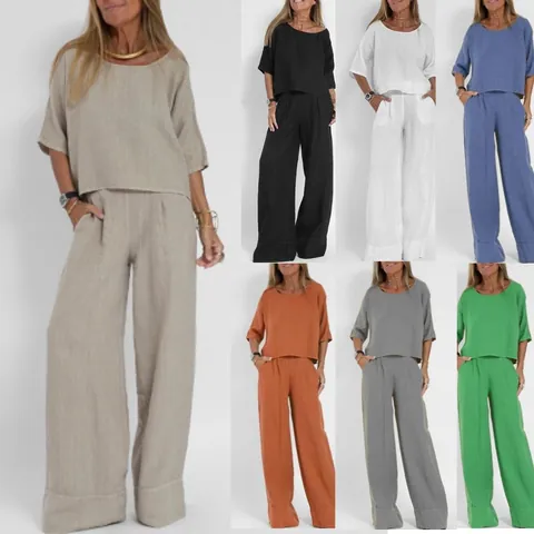 Women Casual Cotton Linen Pants Set Solid Color Short Sleeve Crew Neck Top And Loose Wide Leg Trousers Summer Outfits