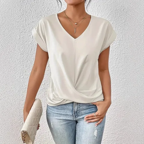 Women V Neck Short Sleeve T-Shirt Elegant Ruched Twist Knot Hem Solid Color Polyester Casual Summer Pullover Top For Women