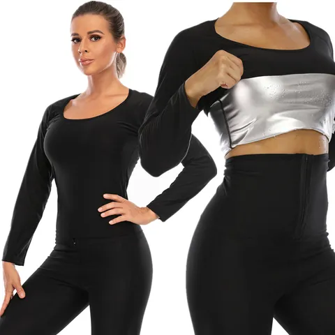 Combinaison de Sauna en Polyuréthane pour Femmes Revêtement Thermique Argenté Manches Longues Haut et Bas pour Fitness Yoga