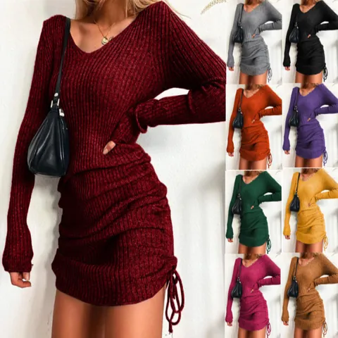 Women V Neck Long Sleeve Rib Knitted Midi Dress Sexy Slim Fit Ruched Drawstring Bodycon Polyester Spandex Autumn Winter Dress
