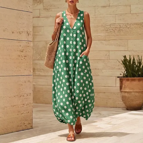 Women Retro Polka Dot V-Neck Sleeveless Dress Summer Loose Bubble Hem Midi Dress With Dual Pockets Casual Holiday Beachwear