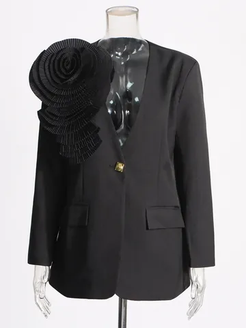 Damen 3D Blume Slim Fit Blazer Koreanischer Stil Anzugjacke Patchwork Blumen Schulterdekoration Einreihiger Ein-Knopf-Außenbekleidung