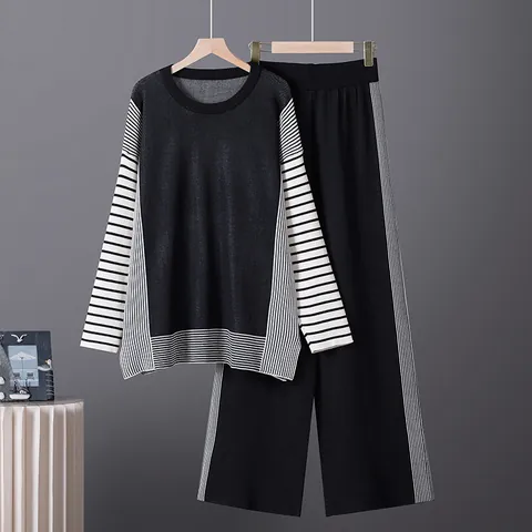 Women Elegant Striped Knit Top And Bottom Long Sleeve Round Neck Sweater Wide Leg Pants Casual Fashion Office Lounge Wear