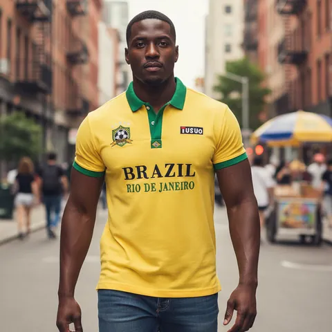 Polo da Uomo a Maniche Corte in Cotone per Tifosi di Calcio Brasiliani Ricamata Brasile Rio De Janeiro Casual Sportiva