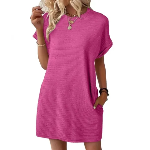 Women's Plus Size Pleated Textured Short Sleeve T-Shirt Dress Casual Loose Midi Dress With Pockets Solid Color Polyester Dress